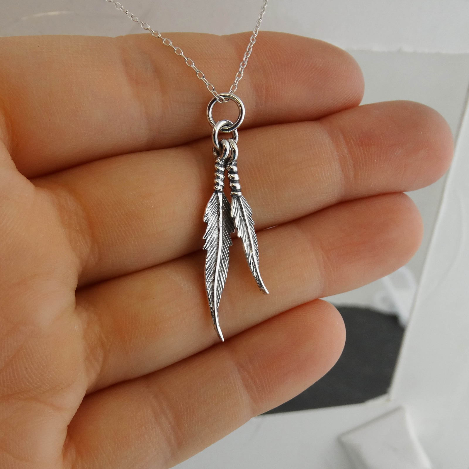 Double Feathers Necklace – 925 Sterling Silver – Pendant Feather Bird Gift NEW