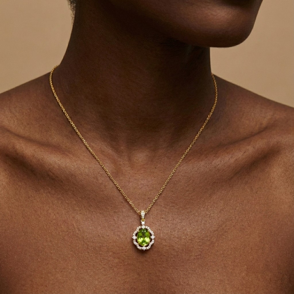 Peridot Necklace Gold Pendant, Green Peridot Halo Necklace, August Birthstone