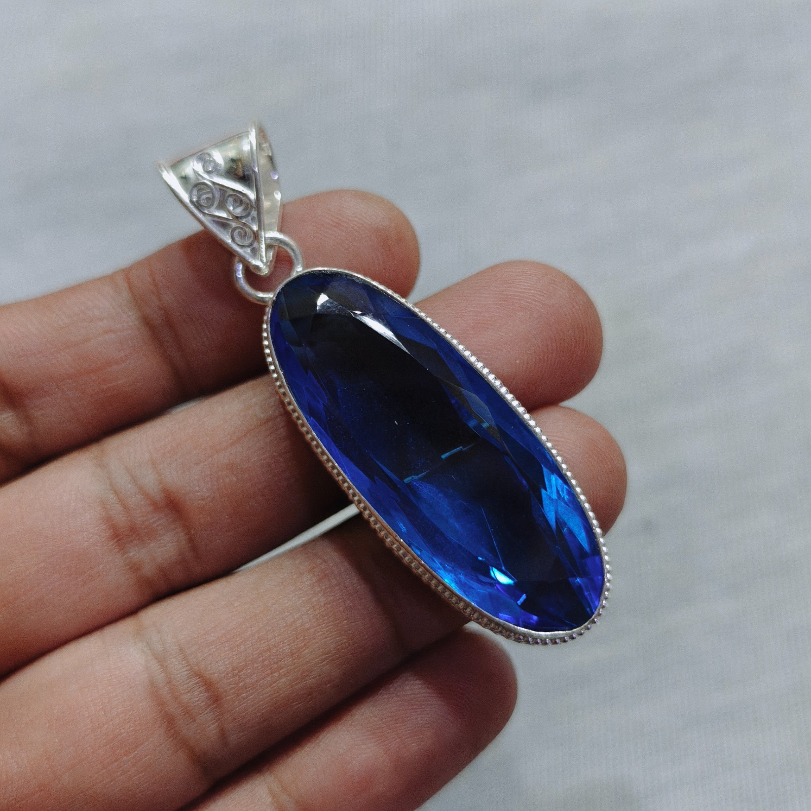 Natural Blue Tanzanite Quartz Pendant 925 Sterling Silver Handmade Gemstone Jewe