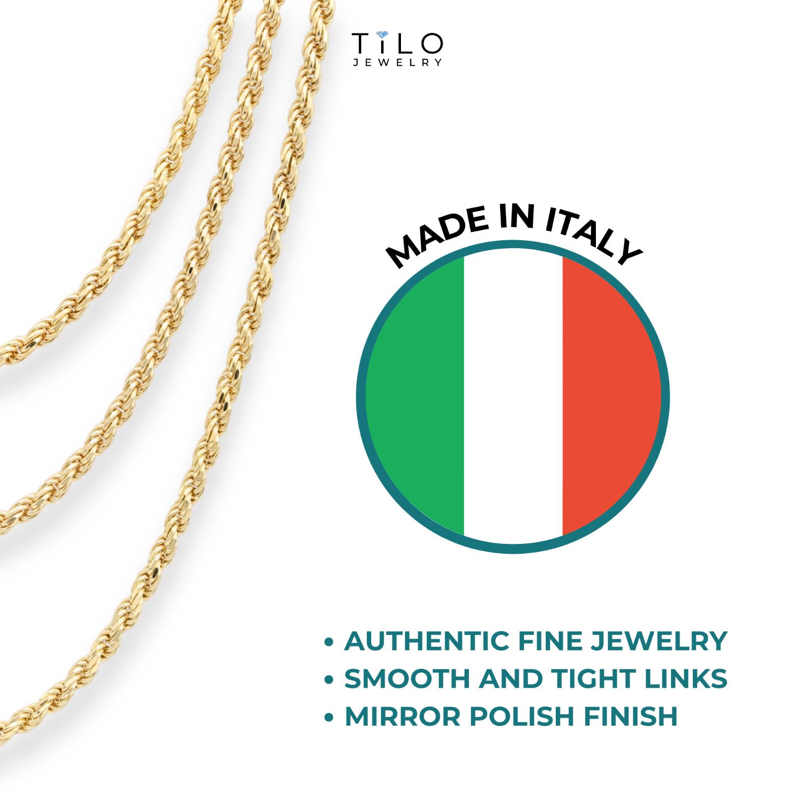 Gold 1.5mm-3mm Rope Chain Italian Pendant Necklace 18″-26″ 925 Sterling Silver