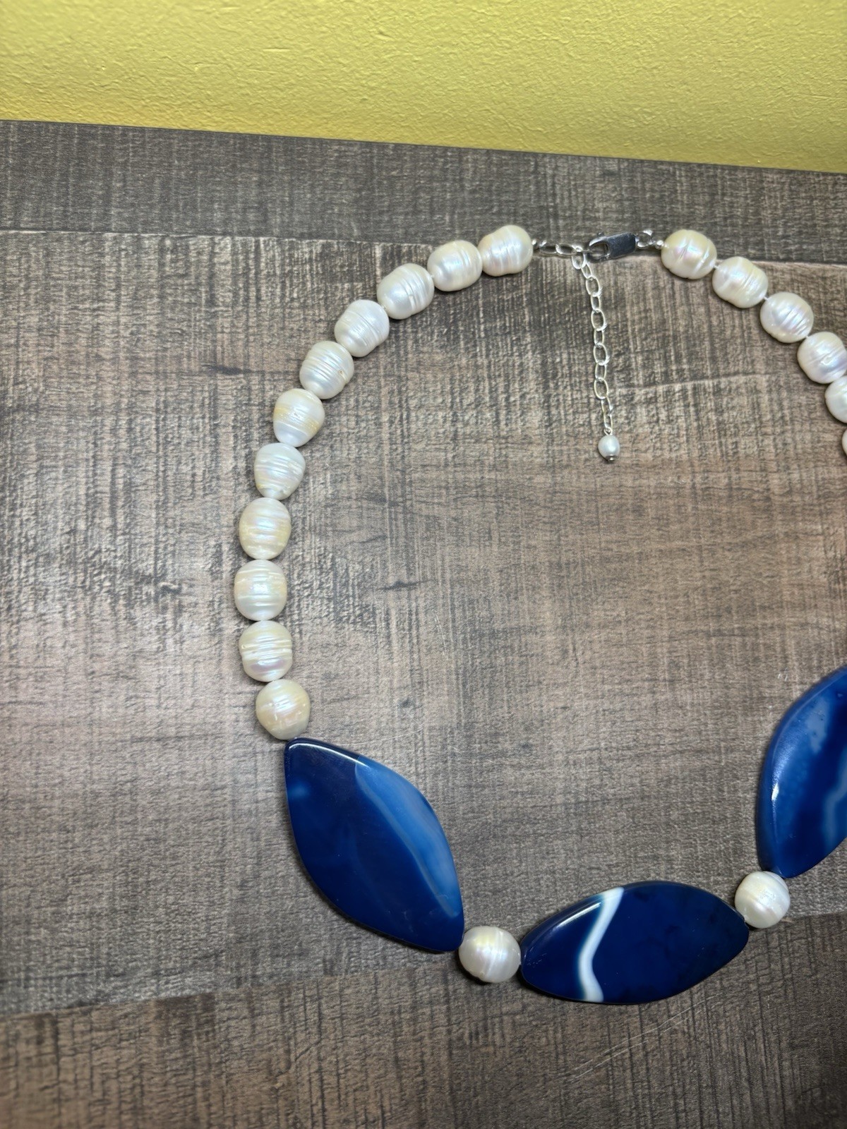 ALUMA AIL 925 Sterling Silver Natural Blue Agate Freshwater Pearl Necklace 17-20