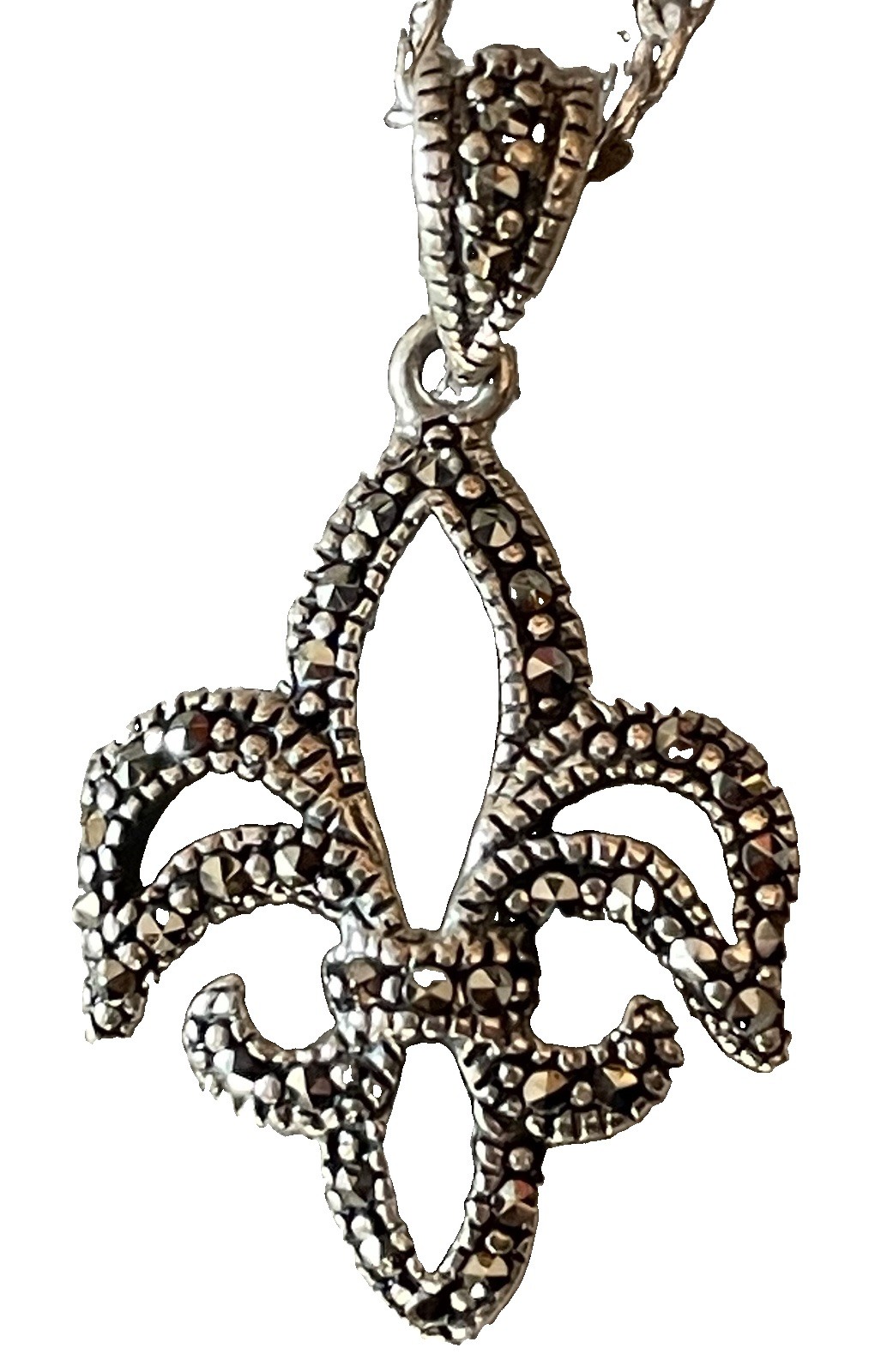 Sterling Silver Marcasite Fleur De Lis Pendant MARKED 925 w/ Silver Plated Chain