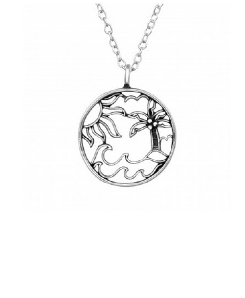 Palm tree ocean wave sterling silver pendant