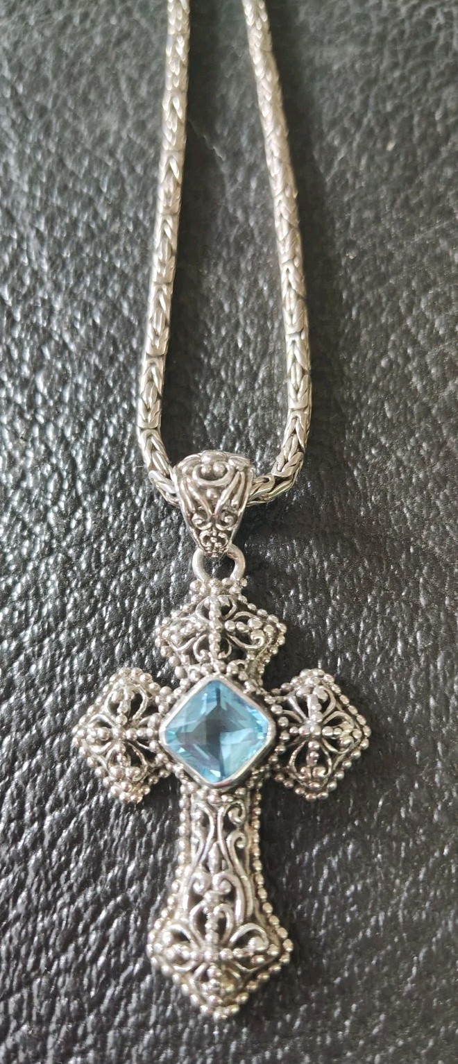 Sarda Sterling Silver Blue Topaz Bali Collection Cross Pedant 2.3/8”in ,W/Chain