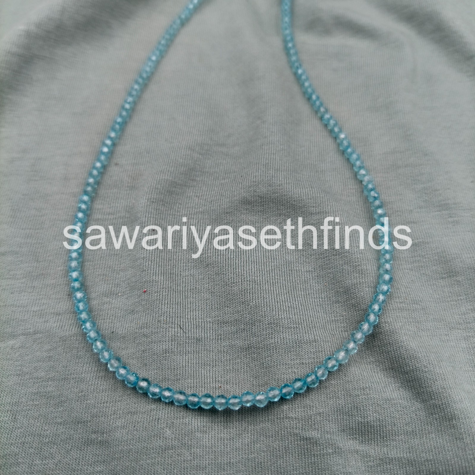 Faceted Blue Topaz 3mm Beaded Necklace, Sterling Silver Clasp, Minimal Layering