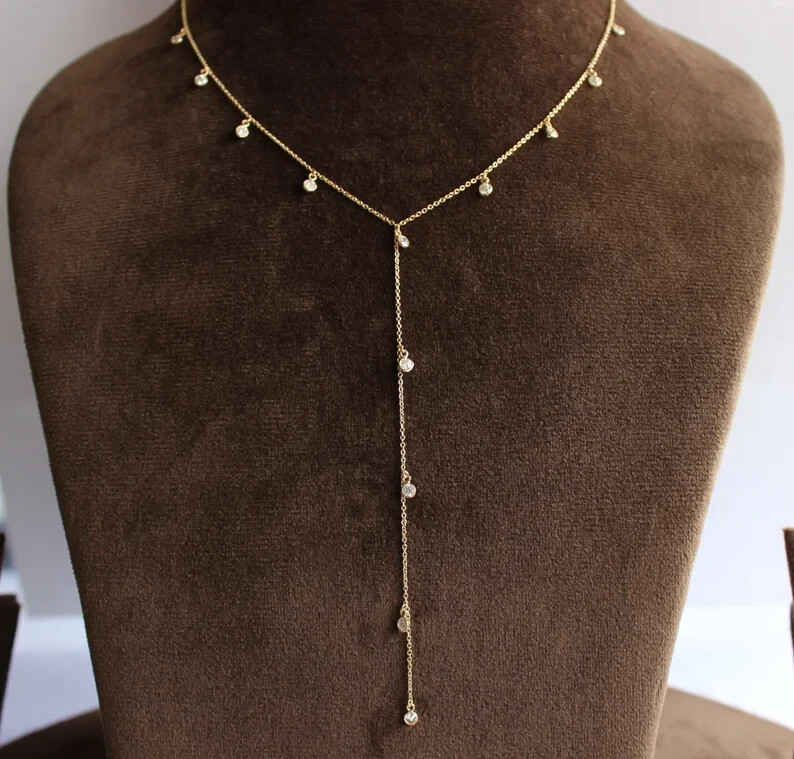 Long Lariat Chain Necklace 1.00Ct Lab-Created Diamond 14K Yellow Gold Plated