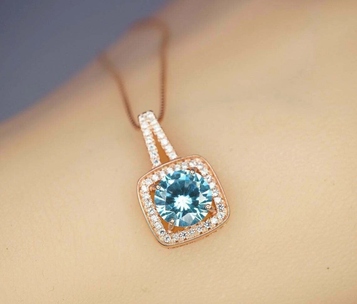 2Ct Round Cut Aquamarine Halo Pendant Necklace 14K Rose Gold Finish Free Chain