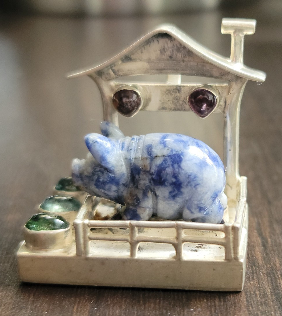 Unique 925 Silver Sodalite & Multi Stone Pig in Barn 3D Statement Pendant