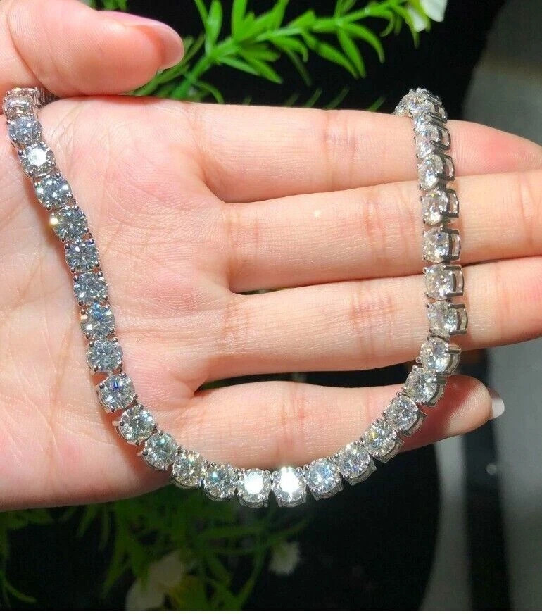 Certified 28 TCW Round Cut Moissanite Tennis Necklace 14K White Gold Plated 18″