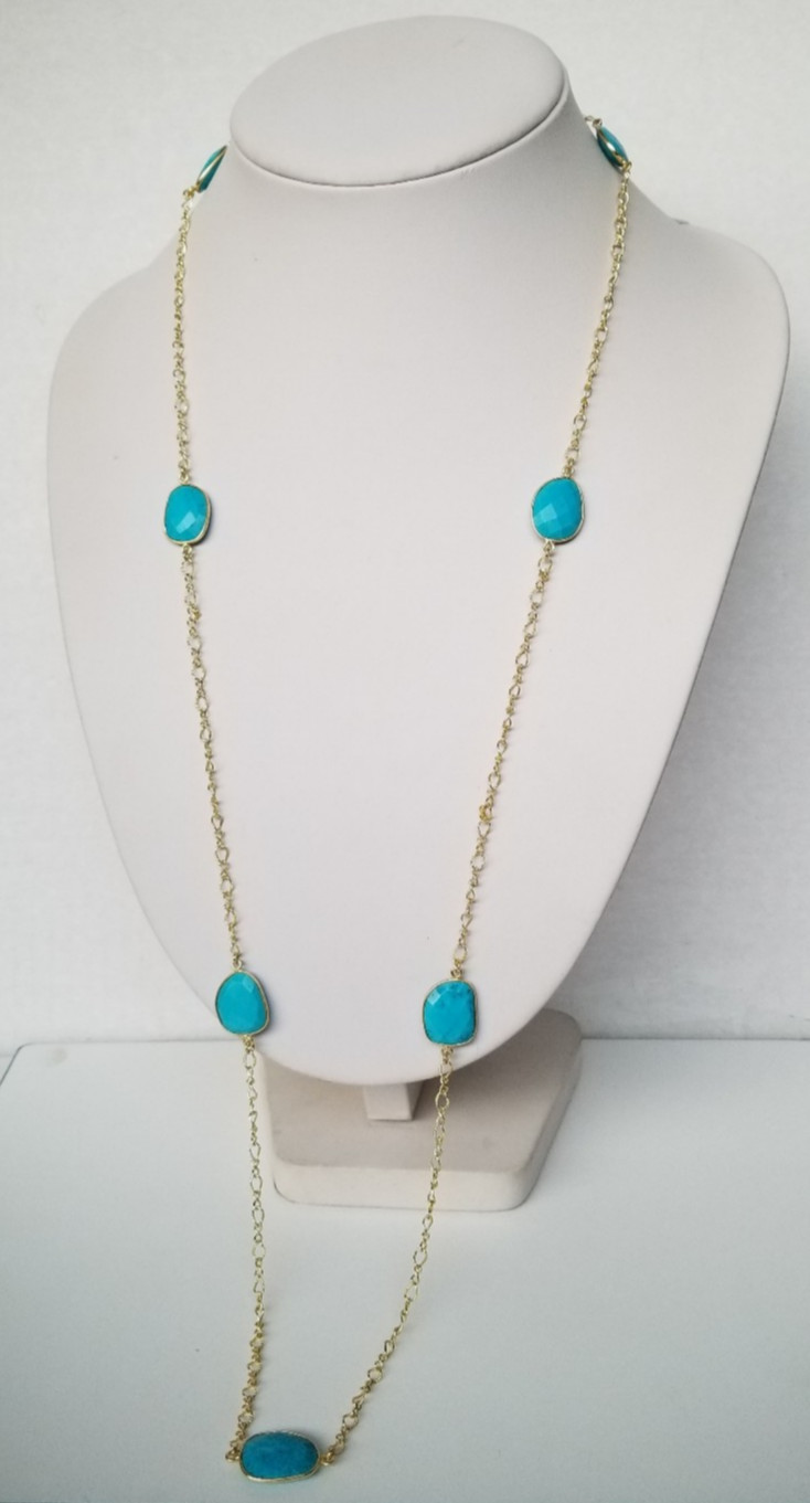 Natural Blue Gemstone, Gold over 925 Sterling Silver Station Necklace 36 In