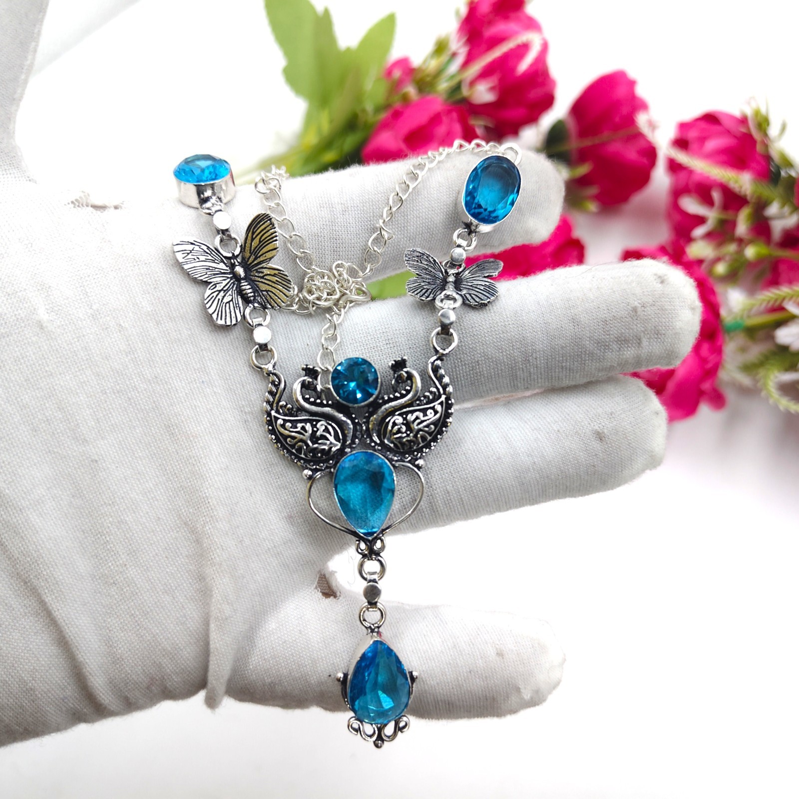 Blue Topaz Gemstone Handmade 925 Sterling Silver Jewelry Necklace Sz-17-18″
