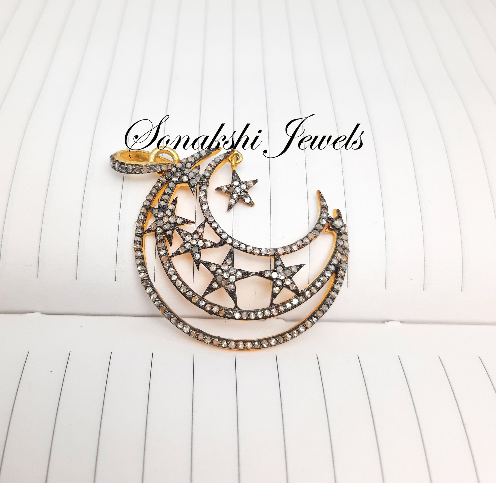 Rose Cut Diamond Moon Star Pendant: Handmade 925 Sterling Silver Pendent