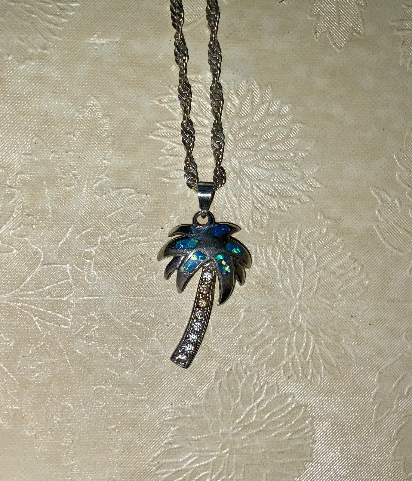 Sterling Silver Palm Tree Pendant Blue Opal Inlay, With CZ’s 18” Sterling Chain