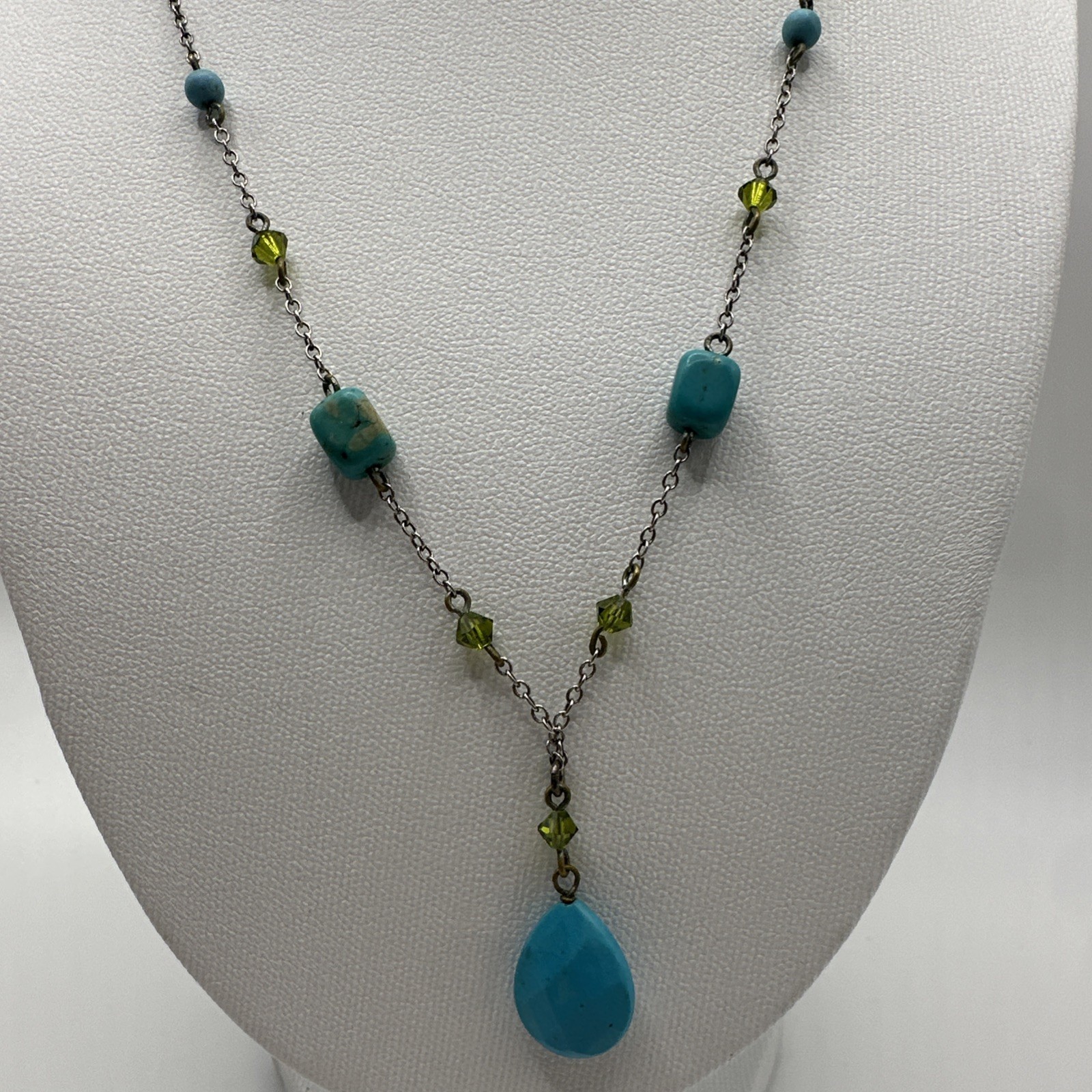 Sterling Silver Green Blue Y Drop Necklace 16.5 Inch