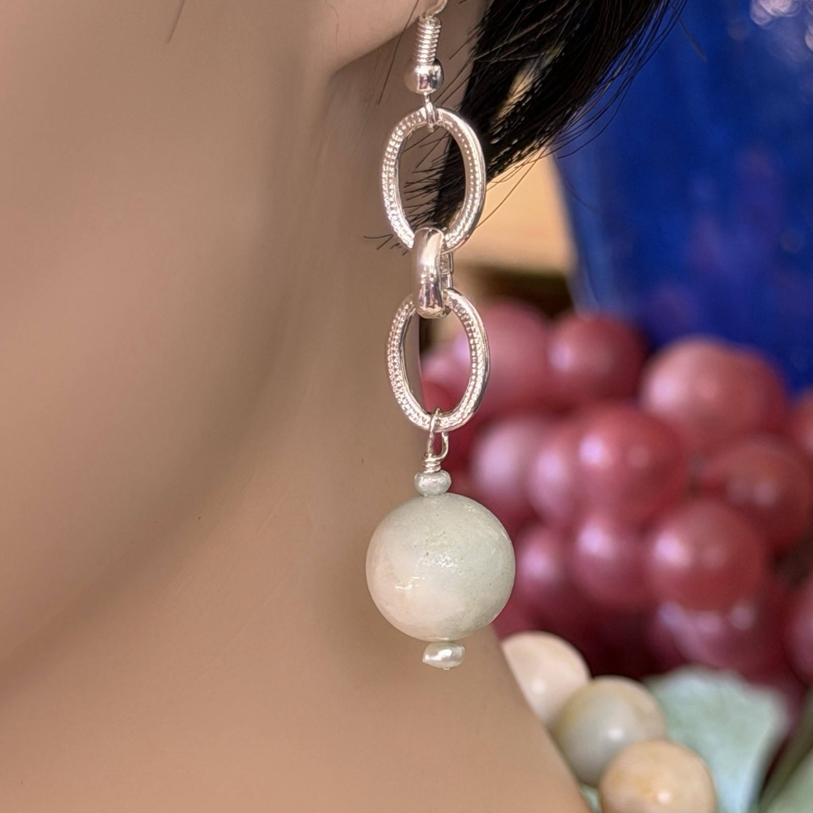 HAND CARVED NATURAL JASPER LADY PENDANT AMAZONITE PEARL NECKLACE EARRING SET