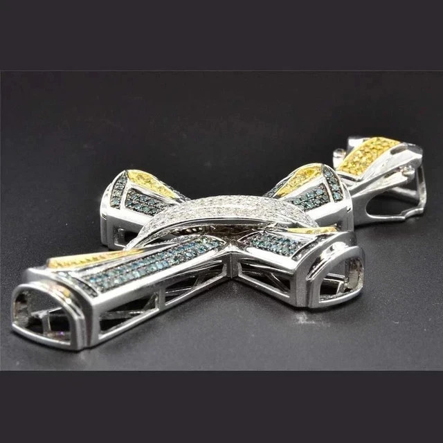 Men’s 2Ct Blue & Yellow Lab Created Diamond 14K White Gold Plated Cross Pendant