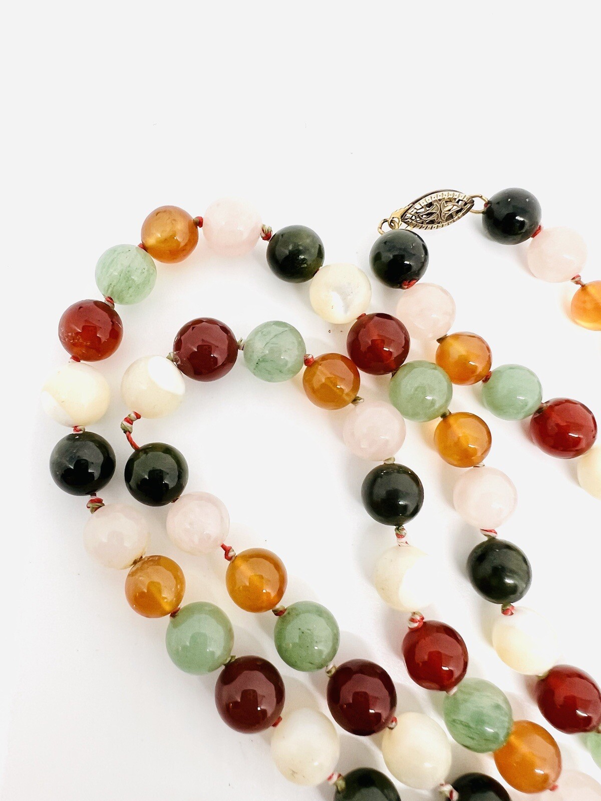 Sterling Silver Carved Multi Gemstone Beaded Necklace 67gm 32 in Vintage Jewelry