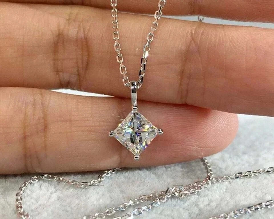 2Ct Princess Cut Lab Created Diamond Solitaire Pendant 14K White Gold Plated 18″