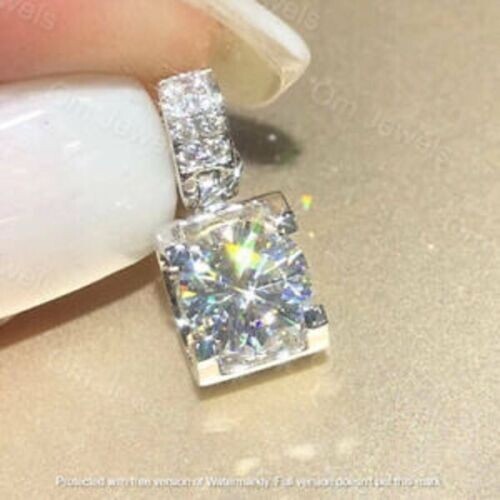 2Ct Round Lab-Created Diamond Solitaire Pendant 14K White Gold Finish Free Chain