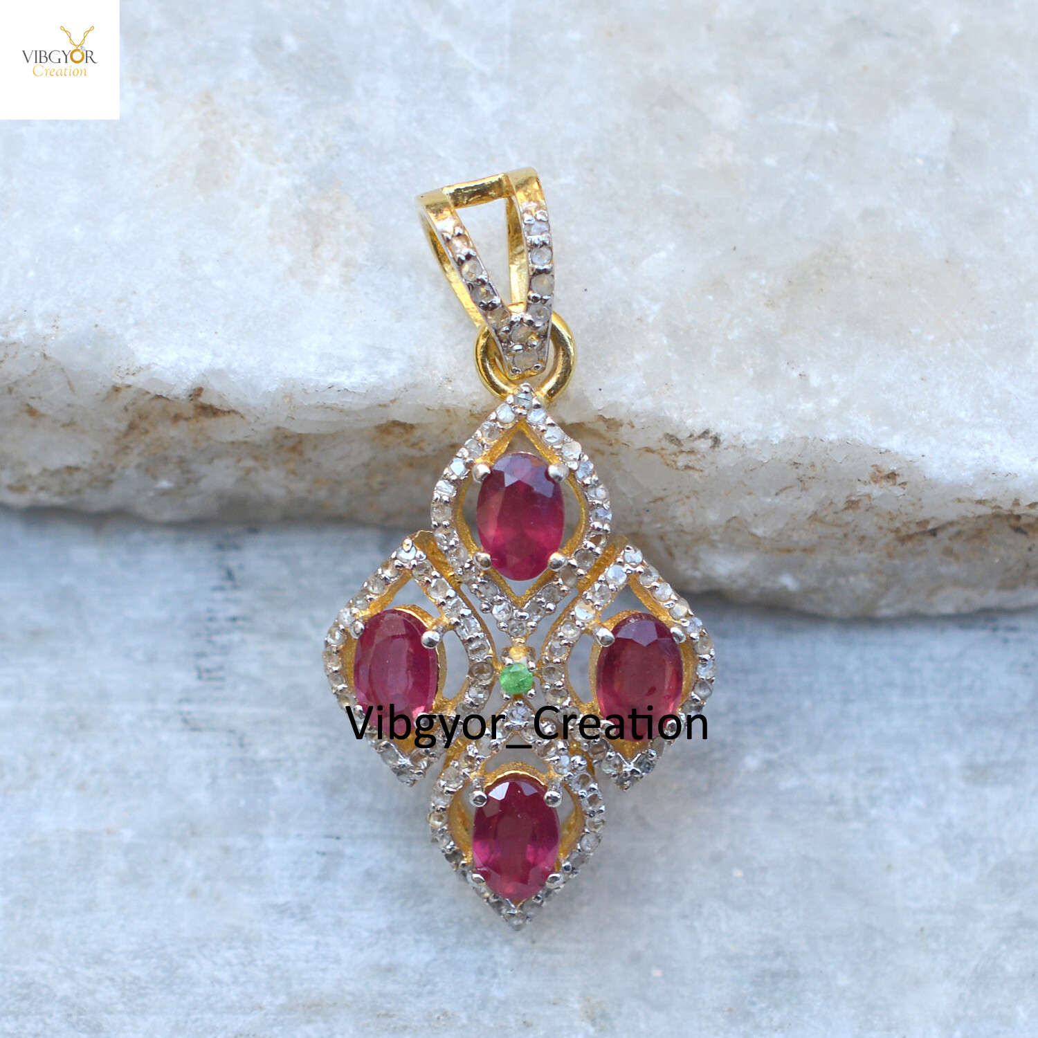 Pave Diamond Pendant Natural Ruby Gemstone Jewelry 925 Silver Gold Vermeil Charm