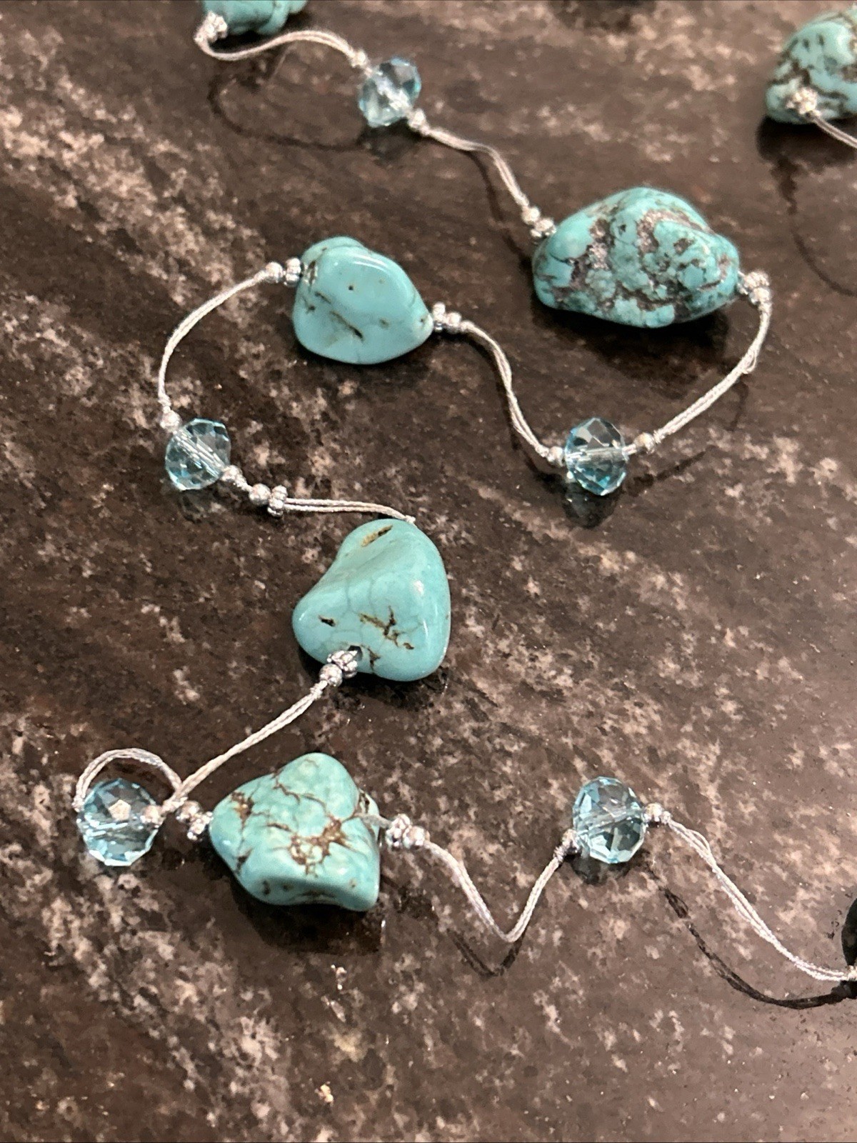Boutique Turquoise Nuggets w/Crystal Beads Spun Silver Chain Necklace 56” 98.8g