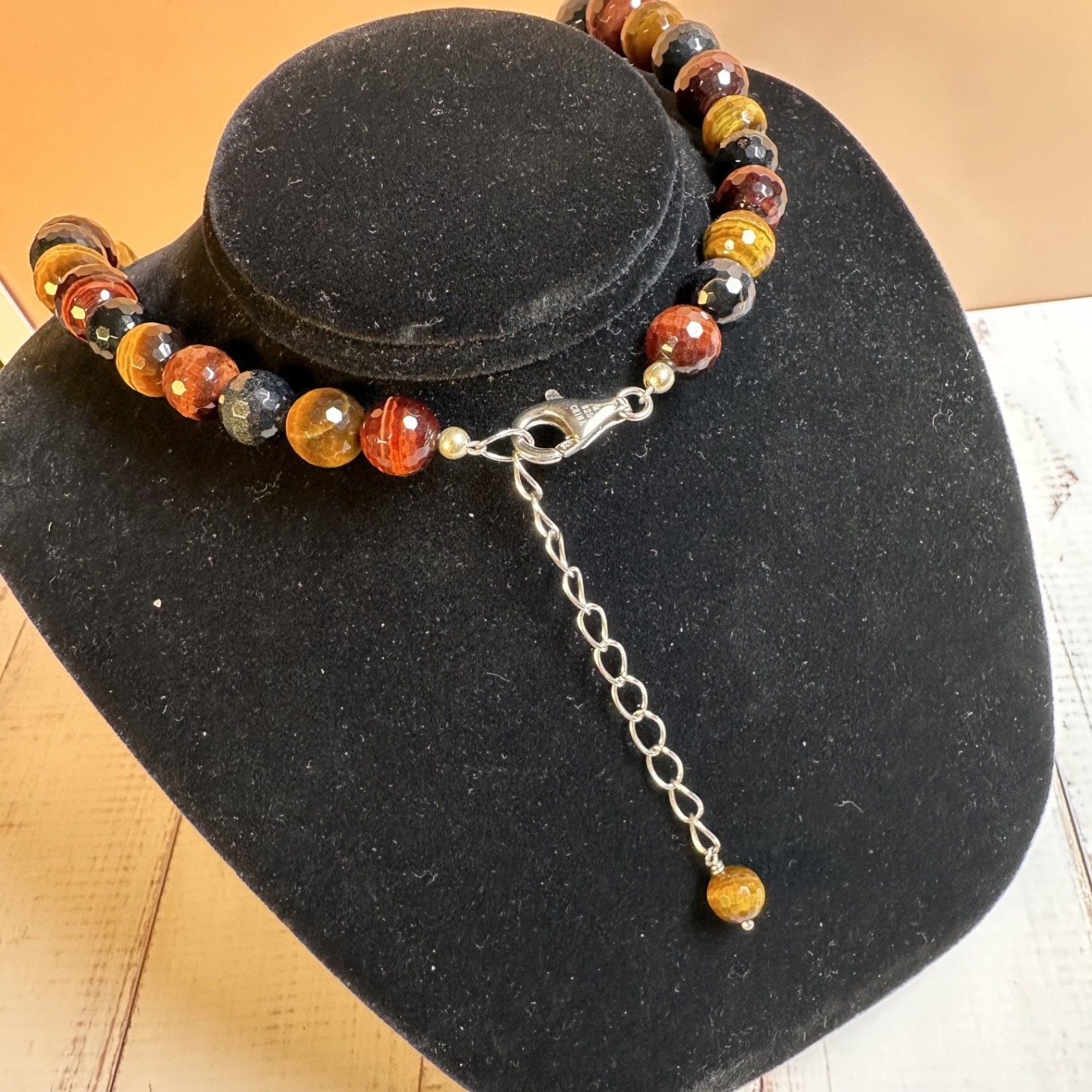 Faceted Multi Color Tiger’s Eye Graduated Bead Necklace 925 Sterling Silver