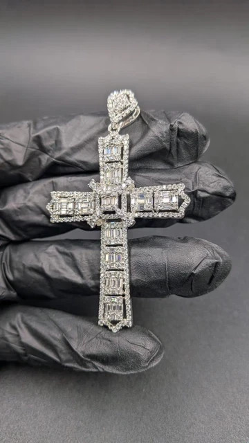 2Ct Baguette Cut Lab Created White Diamond Cross Pendant 14K White Gold Plated