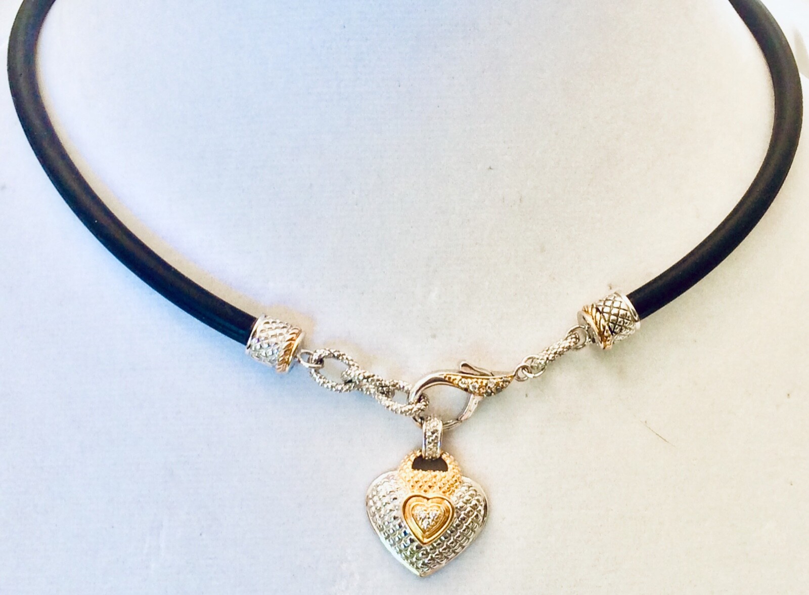 NWOT ~ FAS ~ 14K & STERLING SILVER ~ CZ Heart Pendant ~ 17” to 18” Cord Necklace
