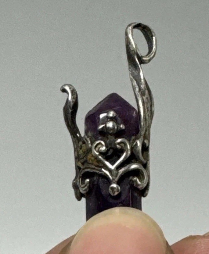 Amethyst Crystal Point Pendant Ornate Silver Tone Filigree Boho 1”