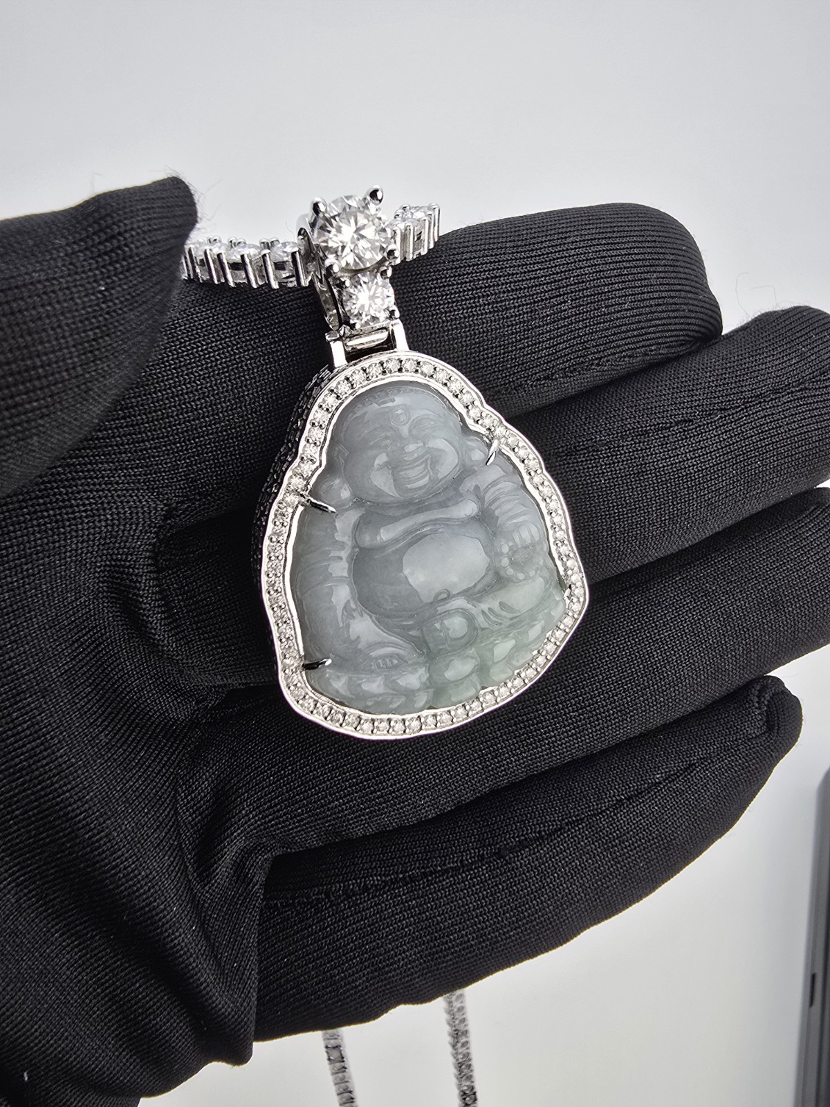 Jade Buddha Pendant Necklace VVS1 Moissanite Tennis Chain 925 Silver 22