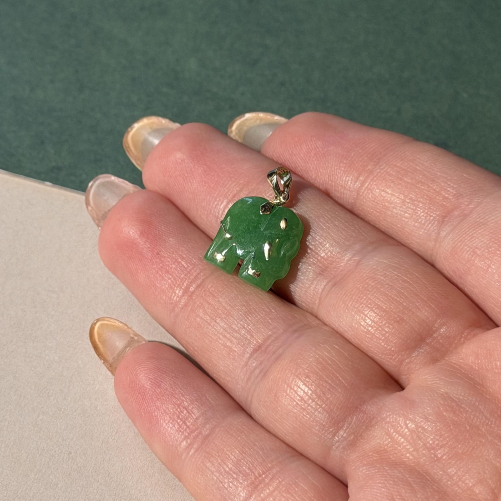 Charming 14K Real Gold Jade Elephant Pendant Necklace 18mm
