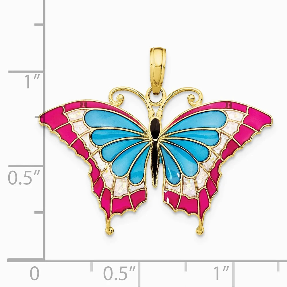 10K / 14K Yellow Gold Blue & Red Enameled Butterfly Pendant