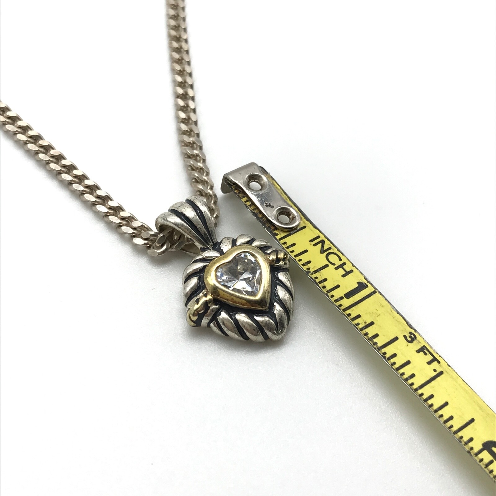 925 Sterling Silver Clear CZ Heart Two Tone Pendant Curb Chain Necklace 18″