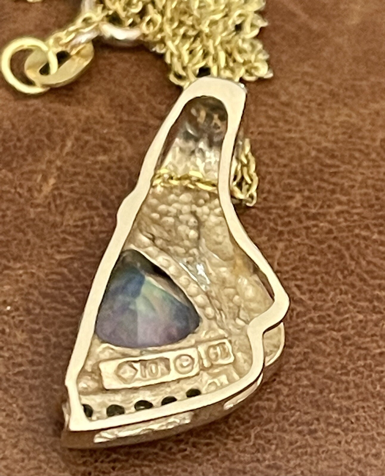 Pretty 10K Yellow Gold Trillion Cut Opal, Diamond Accents Pendant Necklace 20”
