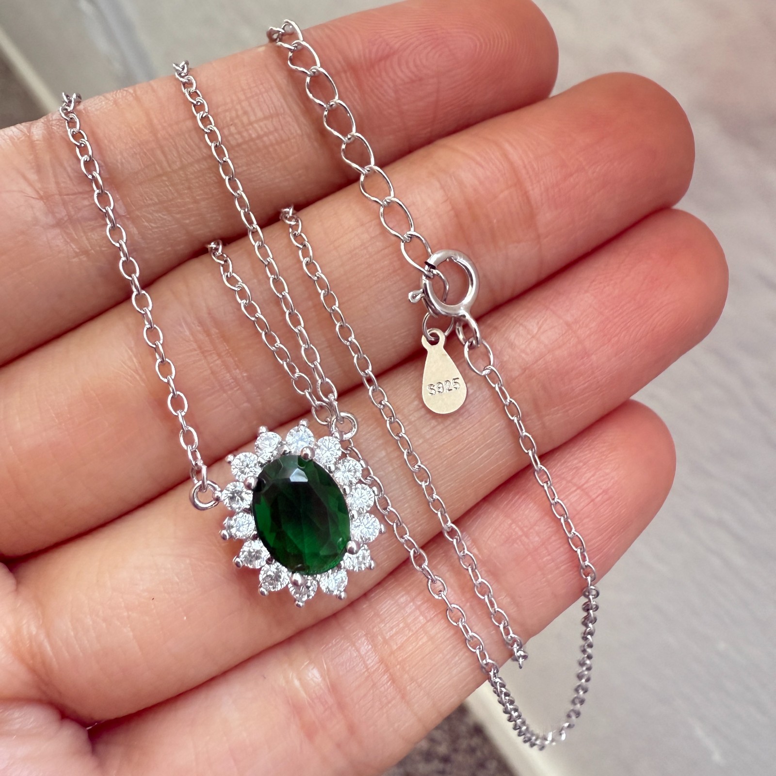 925 Sterling Silver Necklace 8x6mm Natural Emerald Zircon Flower Handmade Chain
