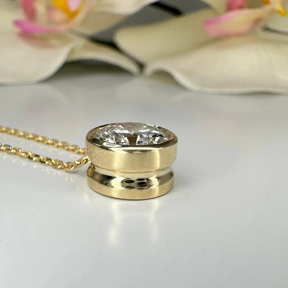 IGI 2 Ct Round Cut Lab Grown Diamond Bezel Set Necklace Pendant 14k Yellow Gold