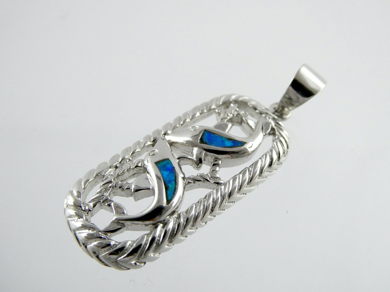 Sterling Silver Simulated Blue Opal Inlay Two Dolphin Pendant 925 5.3g 1 3/8 In