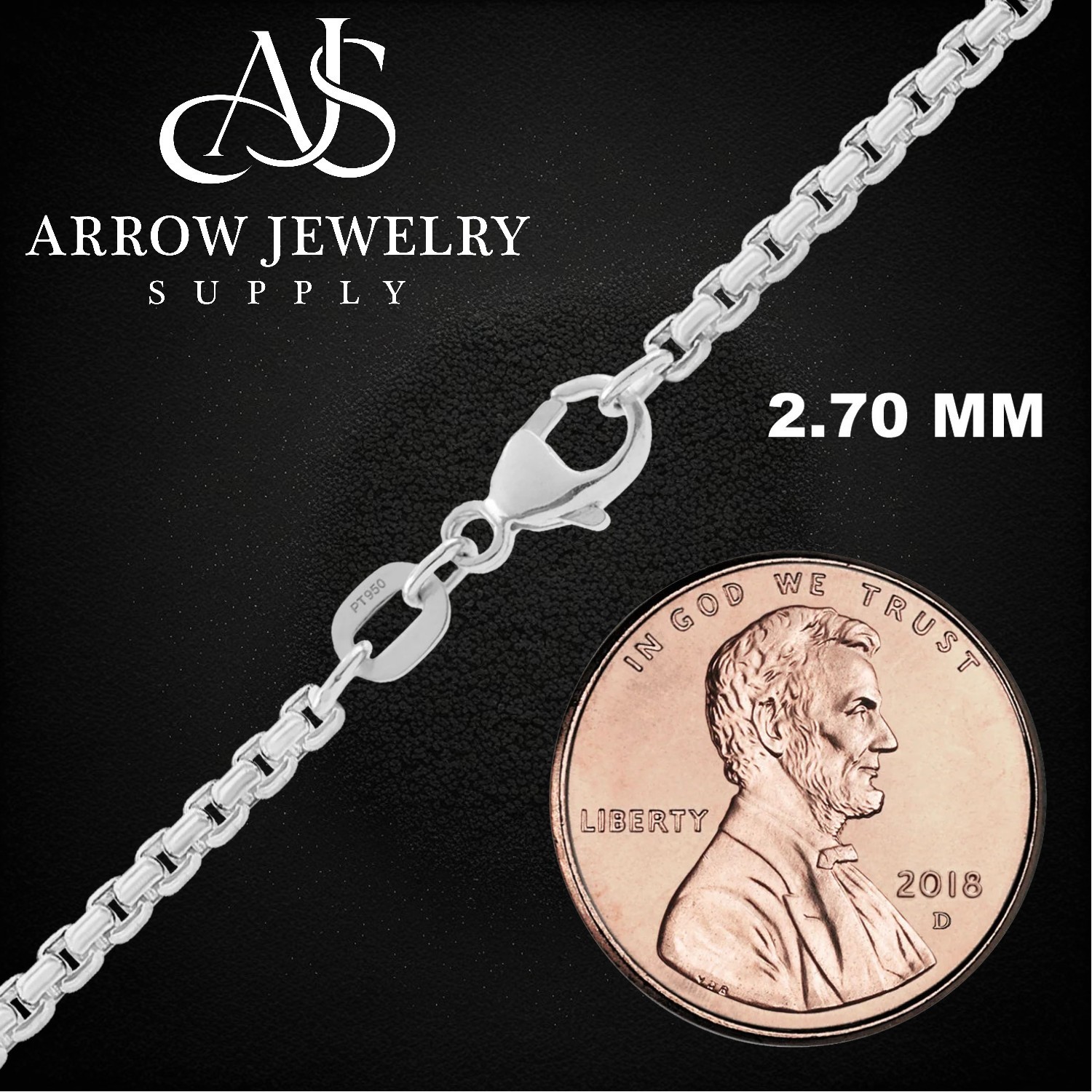 Round Box 950 Platinum Chain Necklace Widths 1.6mm, 2.7mm, and 3.2mm