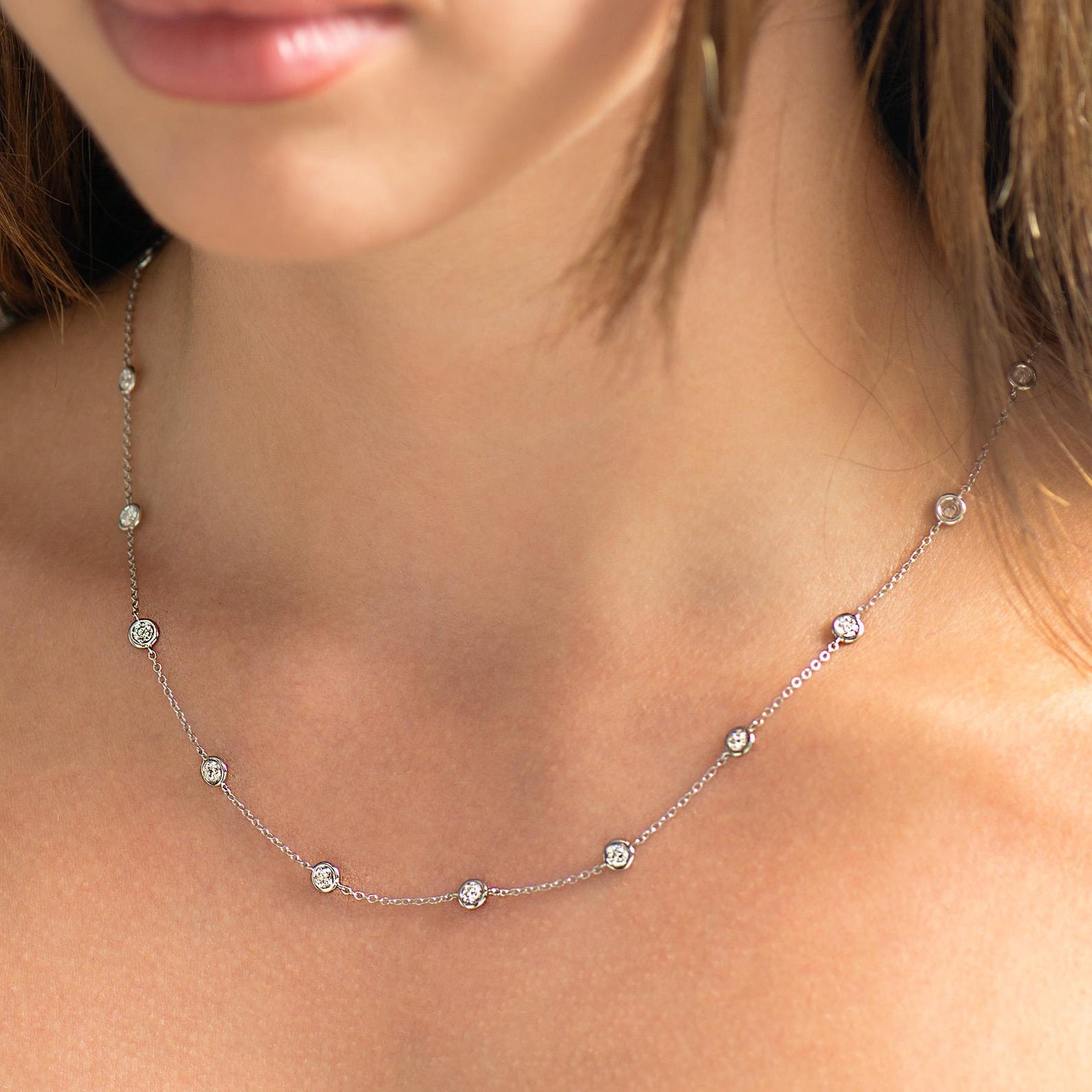 Station 18″ Necklace Station Round Cut Natural Diamond GH-SI 14k White Gold