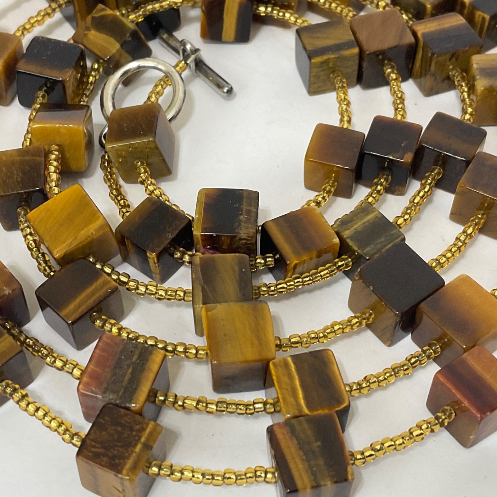 Genuine Tiger’s Eye Cube & Golden Bead Necklace Sterling Silver Toggle 64″ Long