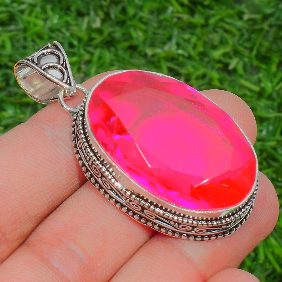 Pink Topaz Gemstone Handmade 925 Sterling Silver Jewelry Oval Cut Pendant