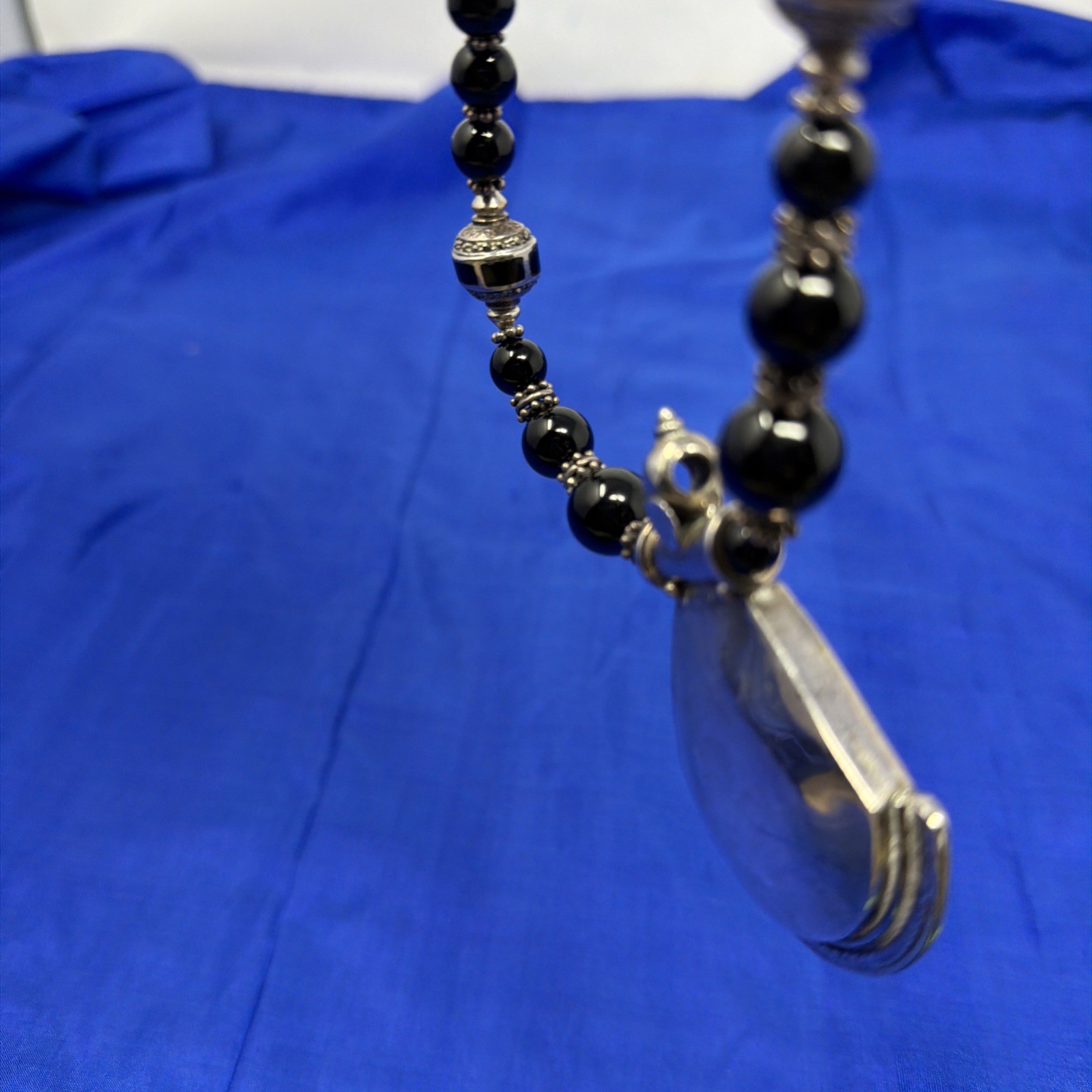 Sterling Silver 925 Black Onyx Beaded Bali Bead Necklace Large Pendant 17” 82.3g