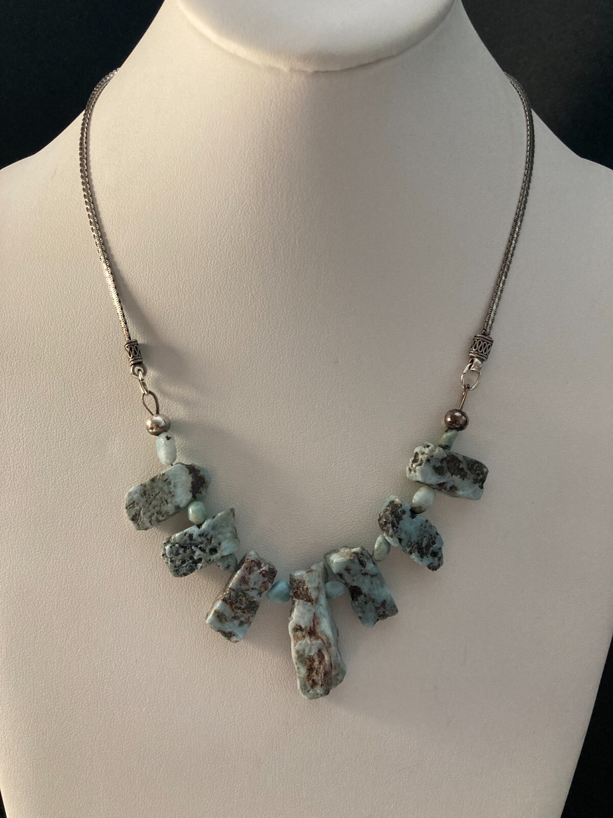 .925 Sterling Silver 20″ Rough Cut Nuggets Larimar Necklace Bali style chain