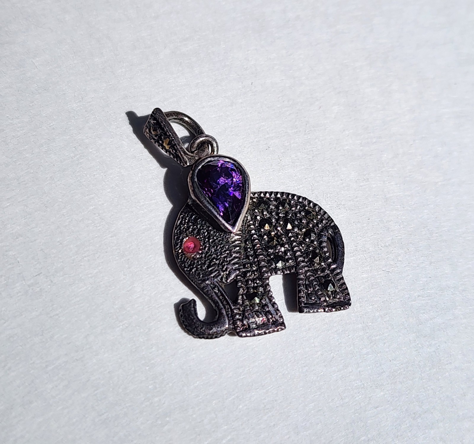Sterling Silver Marcasite Elephant Pendant Charm 925 Amethyst Ruby Vintage 3g
