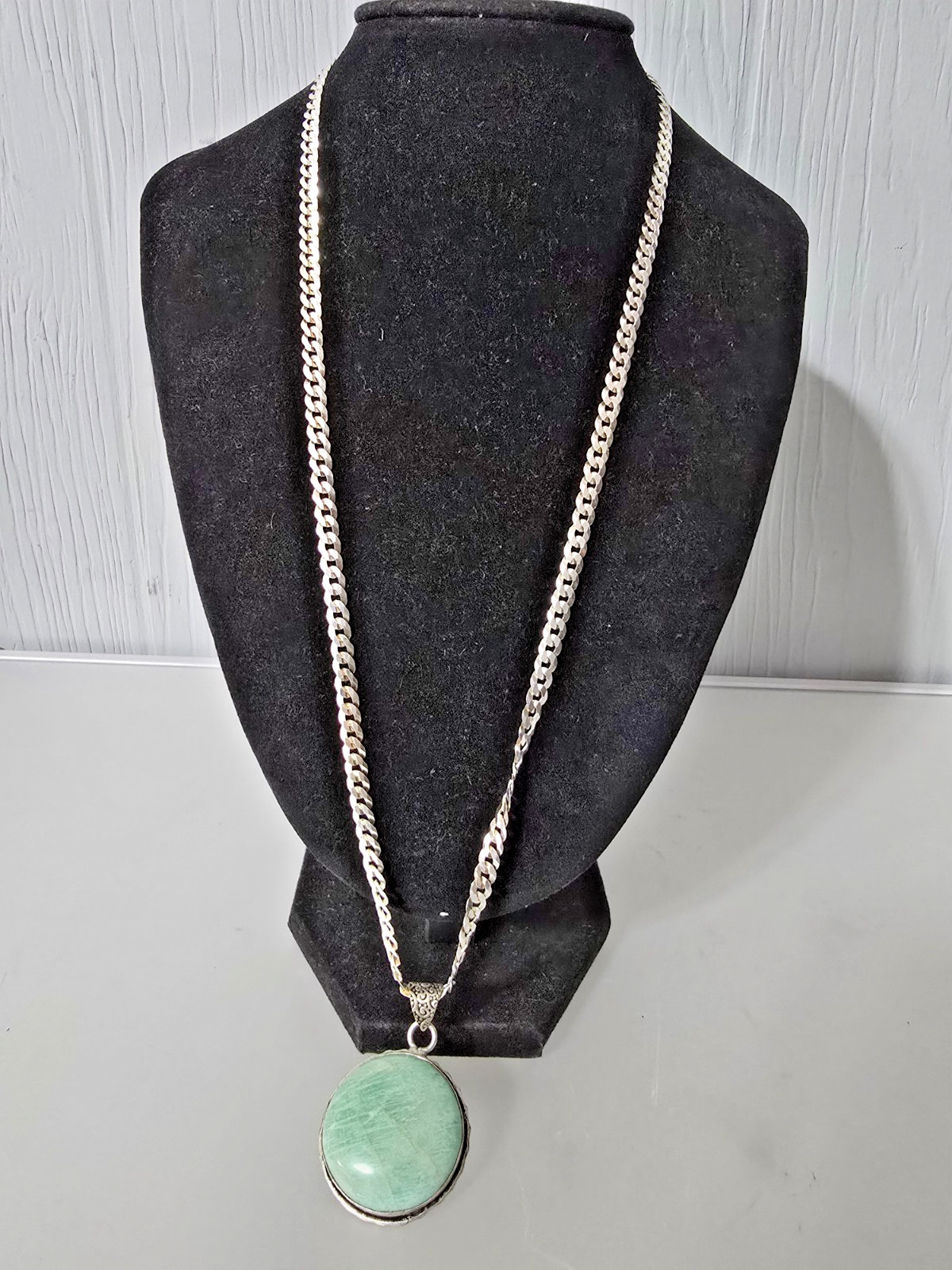 925 sterling silver Amazonite Cabochon Round Pendant W/Cuban Curb Chain Necklace