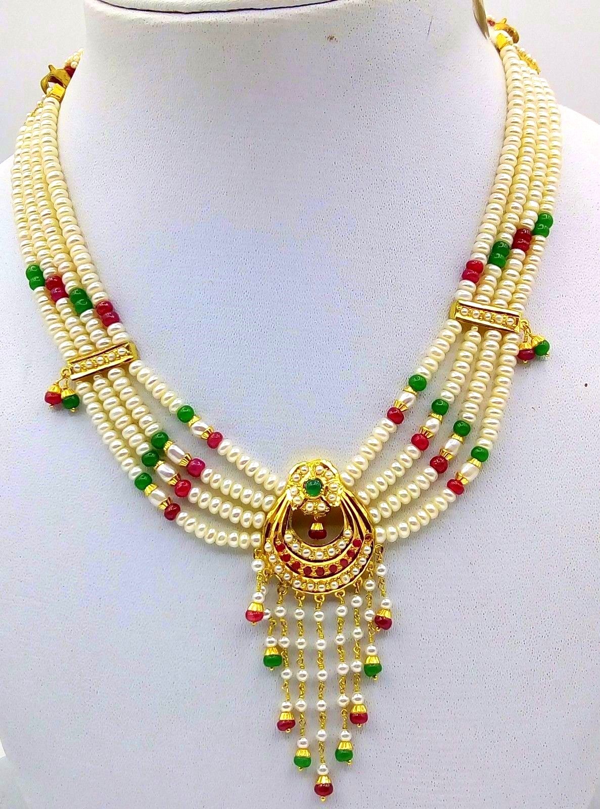 GOLD PENDANT NECKLACE SET WITH EARRING SET RUBY EMERALD BEADED PUNJABI NECKLACE