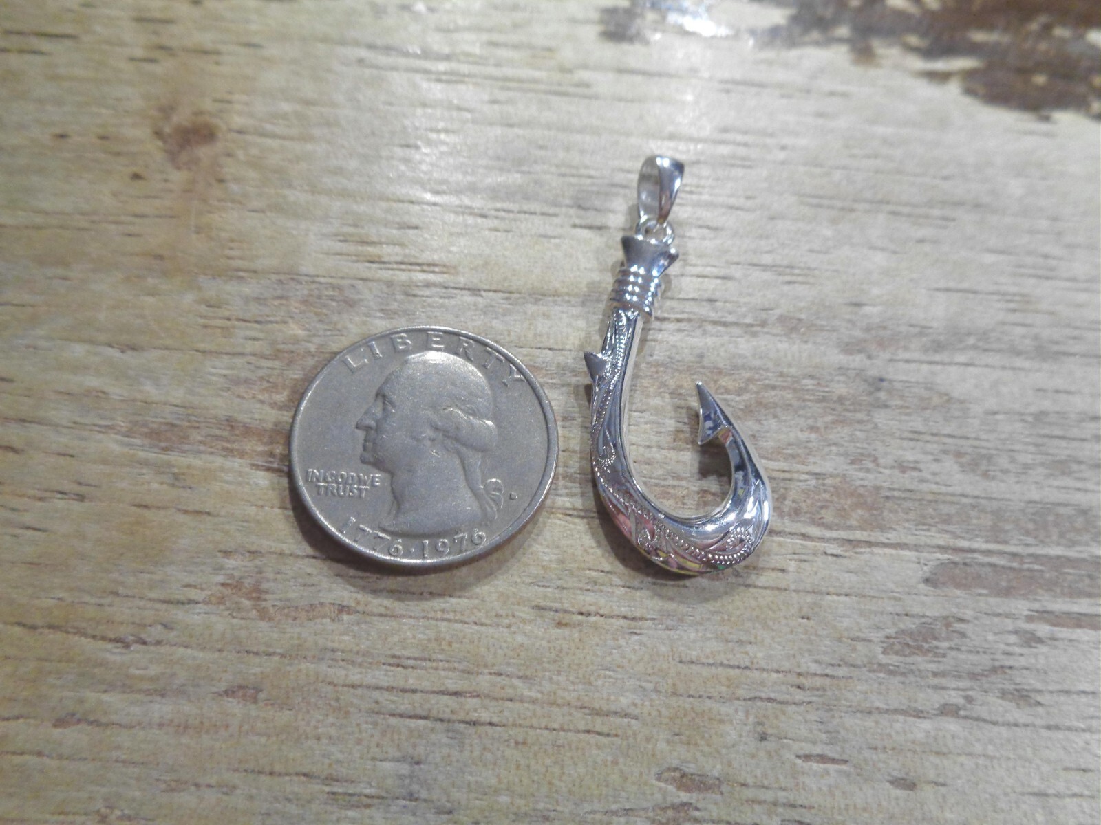 19MM SOLID 925 SILVER 2SIDED ENGRAVED HAWAIIAN SCROLL MAILE FISH HOOK PENDANT #2