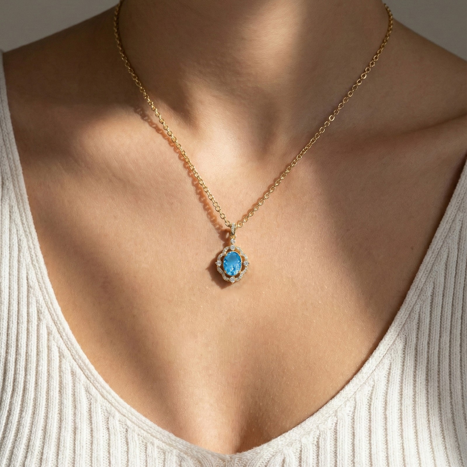 Blue Topaz Necklace, Blue Topaz Halo Pendant with Diamonds, Gift For Her