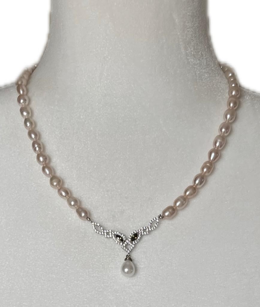 REAL PERIDOT Pearl SAPPHIRE 14K W Gold on SOLID 925 Drop Necklace PINK Victorian
