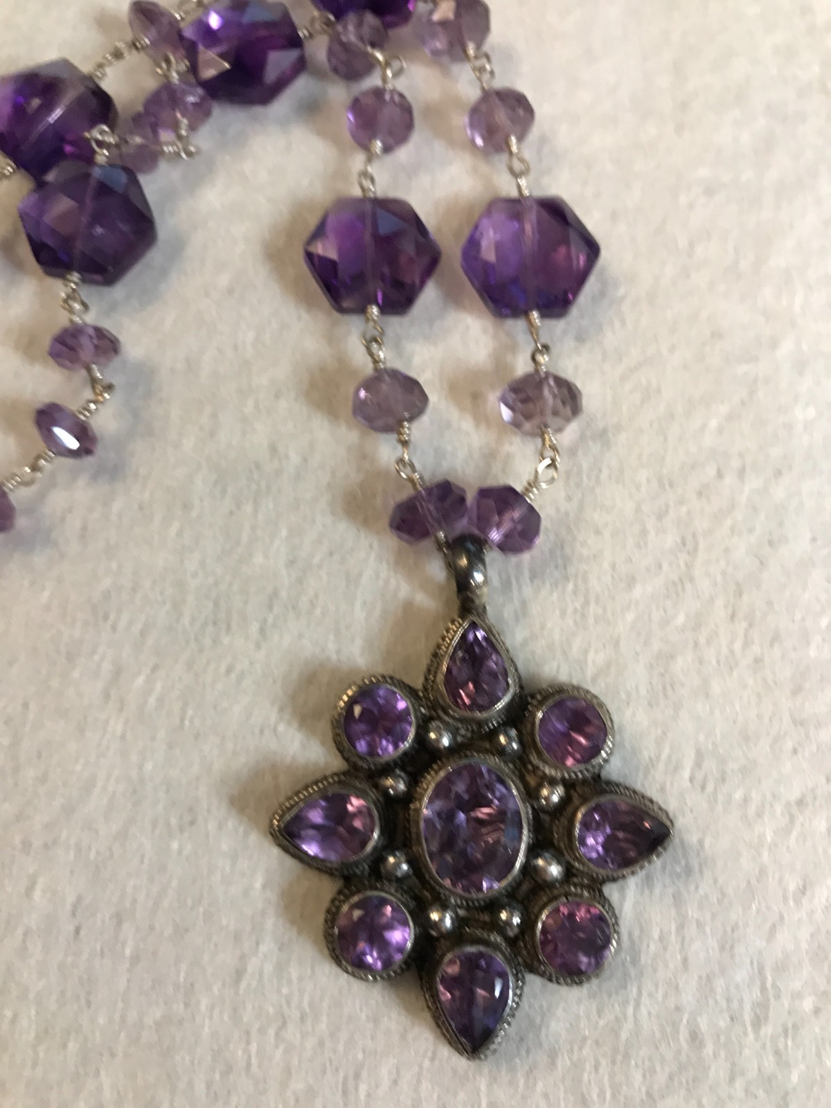 Vintage Faceted Amethyst Flower 16″ Sterling Silver Toggle Necklace Unknown Mark